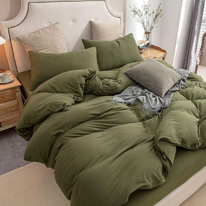 PURE ERA Jersey Knit Duvet Cover Set 100% T-Shirt Cotton Super Soft Comfy 3pc Bedding Set with Zipper Closure (Solid Olive Green, Queen)