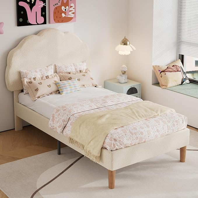VECELO Twin Size Bed Frame, Upholstered Platform Bedframe with Height Adjustable Plush Fabric Headboard, Strong Wood Slat Supports, No Box Spring Needed, Beige