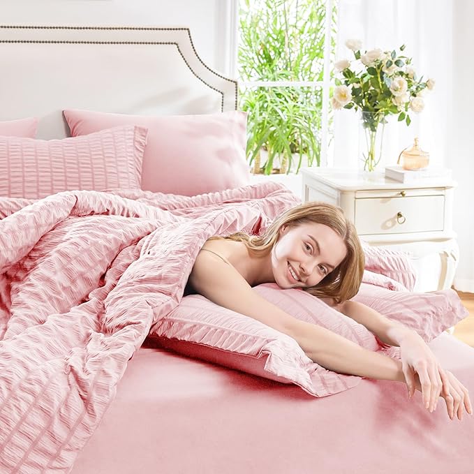 CozyLux King Size Comforter Set Pink Seersucker 7 Pieces Bed in a Bag King Comforter Set with Sheets, Luxury Soft Bedding Sets with Down Alternative Comforter, Sheets, Pillowcases & Shams All Seasons