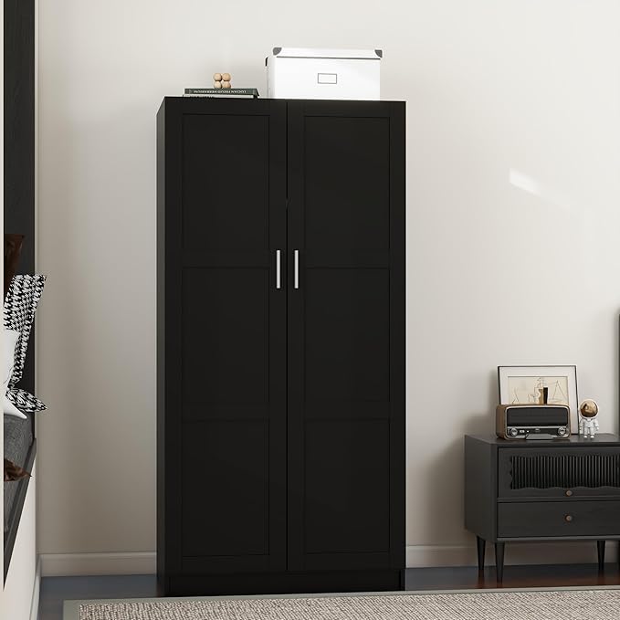 Panana Modern 2 Door Wardrobe Bedroom Armoires Closet Clothing Storage Cupboard with 2 Shelves & Hanging Rod for Bedroom (Black)