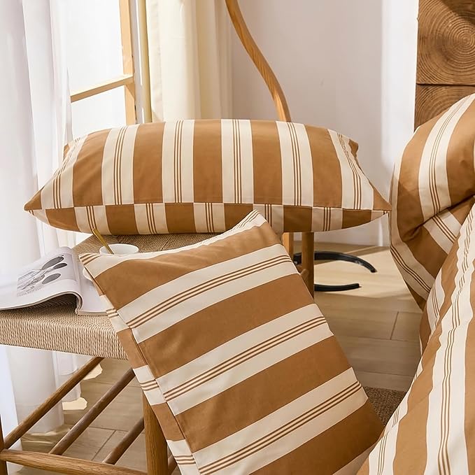 Merryword Khaki Striped Pillowcases, 100% Cotton Pillow Cases, King Size Pillowcases, Luxury Linen Like Pillowcase, Soft Breathable Stripe Pillow Covers, Set of 2