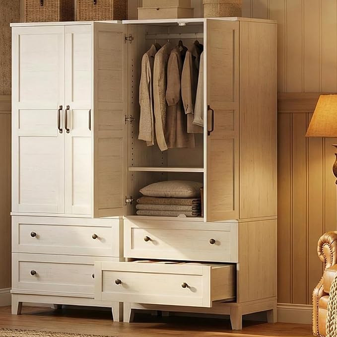 IDEALHOUSE Armoire Wardrobe Closet with 2 Drawers, 72" Tall Wooden Clothing Wardrobe with Hanging Rod & DIY Adjustable Shelf, Heavy Duty Bedroom Armoire Storage Cabinet with Doors, Rustic White