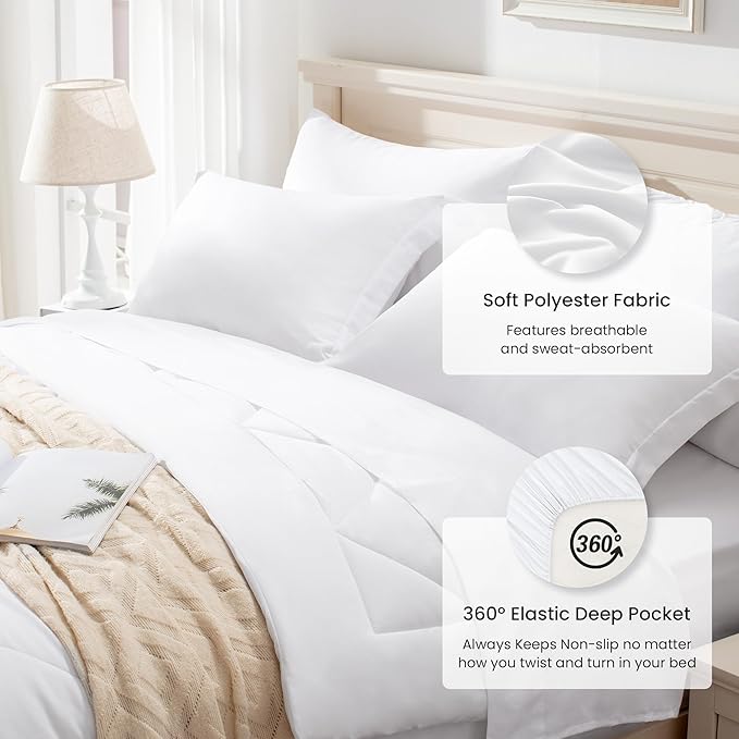 Love's cabin Full Comforter Set White, 7 Pieces Full Bed in a Bag, All Season Bedding Sets with 1 Comforter, 1 Flat Sheet, 1 Fitted Sheet, 2 Pillowcase and 2 Pillow Sham | Soft, Breathable, Lightweight, Comfortable