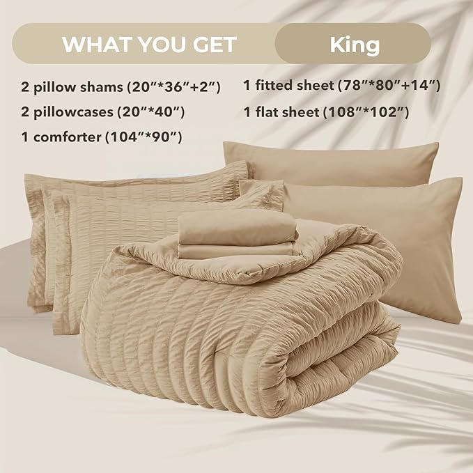 HYMOKEGE Khaki King Size Comforter Set Seersucker 7 Pieces, All Season Luxury Bed in a Bag for Bedroom, Bedding Set with Comforter, Sheets, Pillowcases & Shams