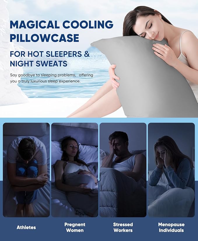 LUXEAR Cooling Pillow Cases, 2 Pack Stretch Arc-Chill Q-max 0.55 Cool Pillowcases Fit Standard & Queen Size Pillows, Protecting Hair & Skin, Gifts for Women & Men, Hot Sleeper, Night Sweat - Gray