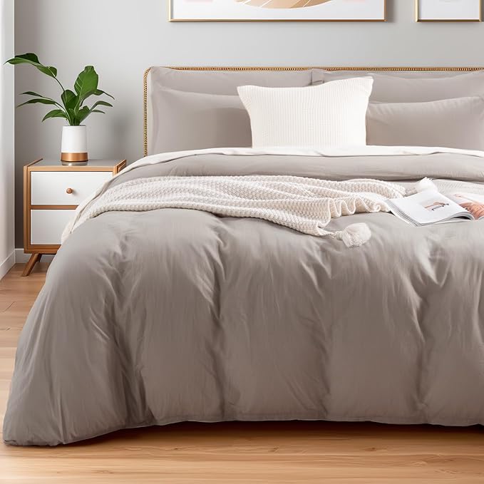 NEXHOME PRO Duvet Cover Set 100% Washed Cotton Super King 108"x98", Organic Natural Linen Look Textured 3 Pieces Bedding Set Warm Linen Grey with Zipper Closure, Breathable and Soft (No Comforter)