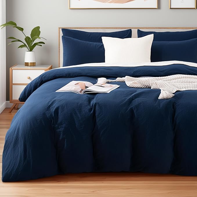 NEXHOME PRO Full Duvet Cover Set, 100% Certified Organic Cotton with Washed Feel & Linen-Like Texture, Comfortable & Breathable, Home Bedding Set Navy (No Comforter)