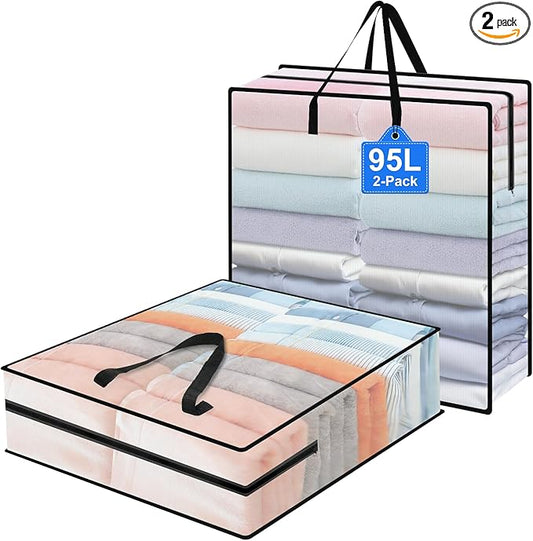 95L Under Bed Storage Bag, 2-Pack Under Bed Storage Containers, Clear Storage Bags for Clothes Quilt Pillow Wreath Blanket Storage or Closet Organizer Home Storage