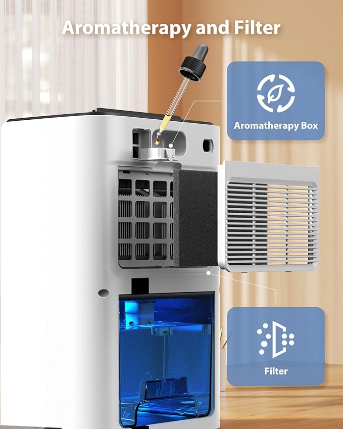 UBBO 95oz Dehumidifiers for Home, 1000 Sq.Ft Dehumidifier with Drain Hose - Auto Shut Off, Timer, Sleep Mode & Drain Hose - 7 Color Light for Bedroom, Bathroom, RV - White
