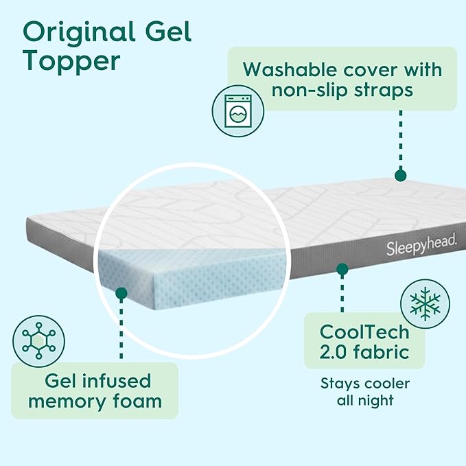 Sleepyhead Twin 3 Inch Mattress Topper for College Dorm Beds, Cooling Gel Memory Foam, Pressure-Relieving Comfort, Removable Washable Cover, CertiPUR-US® Certified (Twin 3")