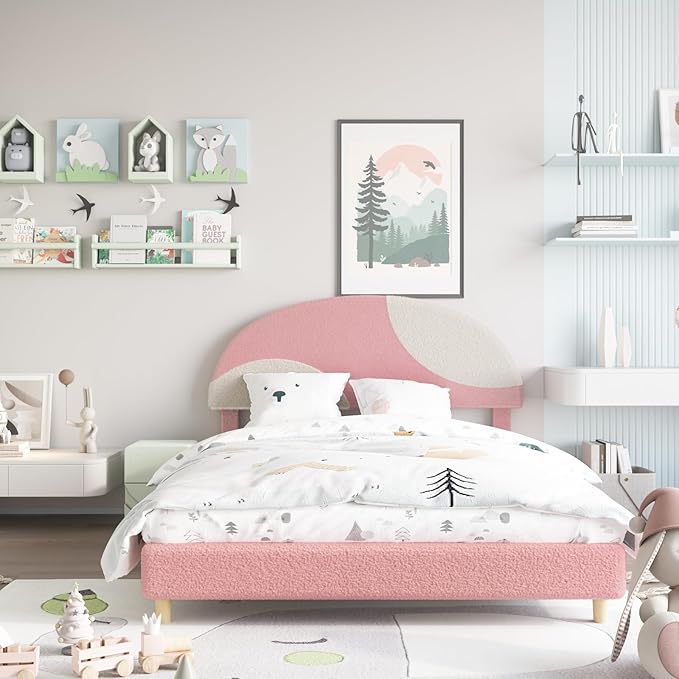 Garvee Full Bed Frame with Round Boucle Headboard, Upholstered Arch-Shaped Design in Soft Pink and White, Modern Kids Bed with Wooden Slats, No Box Spring Required and Easy Assembly