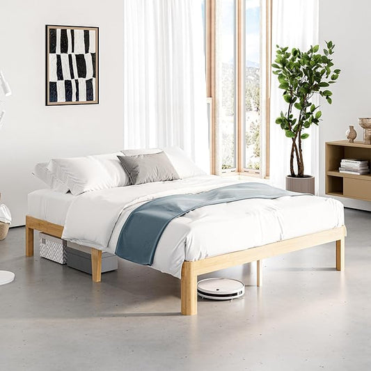 12 Inch High Bamboo Wood Queen Bed Frame Platform, Steel Slat Support Bed Frame Queen Size Foundation, No Box Spring Needed, Easy Assembly, Noise Free, Reinforced