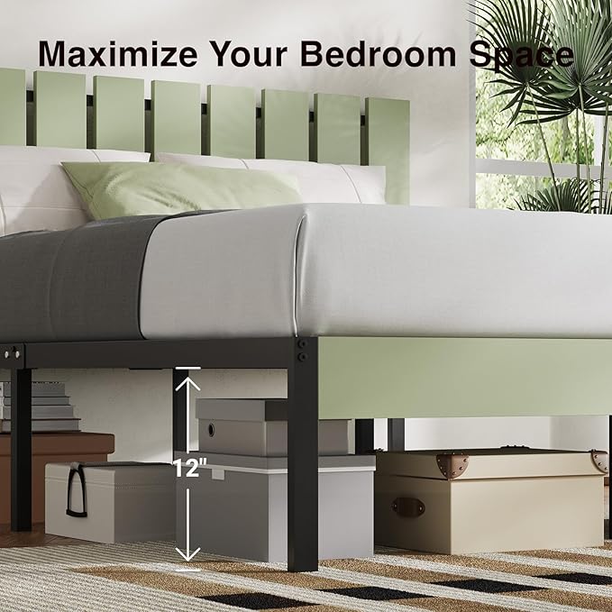 Novilla Queen Bed Frame with Modern Wooden Slatted Headboard, Easy Assembly, Heavy Duty Metal Platform, Noise-Free, Under-Bed Storage, No Box Spring Needed