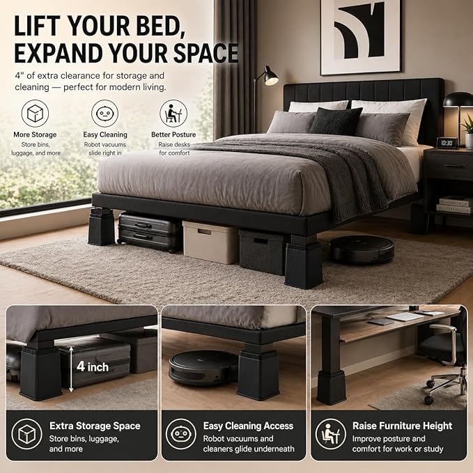 BTSD-home 4 inch or 8 inch Bed Risers Heavy Duty Stackable Furniture Risers Bed Lifts Risers for Couch, Sofa, Desk or Table Legs Extenders 8 Pack