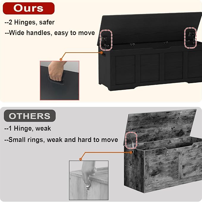 Timberer 47.2" Storage Chest, Extra Large Storage Trunk with 2 Safety Hinges, Wooden Storage Bench, Shoe Bench, Entryway Bench for Living Room, Bedroom, Black