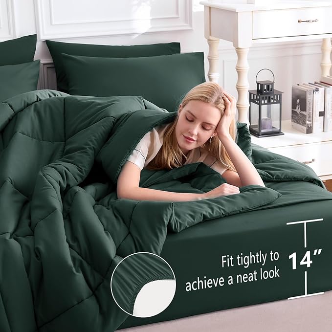 CozyLux Queen Comforter Set Forest Green, 7 Pieces Bed in a Bag, Green Comforters Queen Size, All Season Bedding Sets with Stitch Quilted Comforter, Flat Sheet, Fitted Sheet, Pillowcases