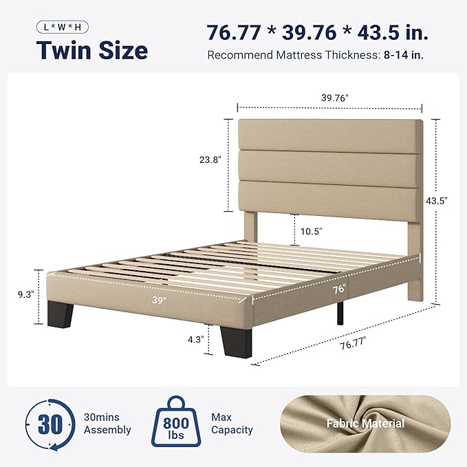 Allewie Twin Size Platform Bed Frame with Fabric Upholstered Headboard and Wooden Slats Support, Fully Upholstered Mattress Foundation/No Box Spring Needed/Easy Assembly, Beige
