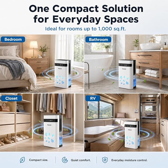 TENKER Dehumidifier for Home, 77oz Water Tank (1000 sq.ft) Dehumidifiers, Quiet Dehumidifier with Auto Shut Off, Sleep Mode, 7-Color LED Light for Closet Bedroom Bathroom RV, White