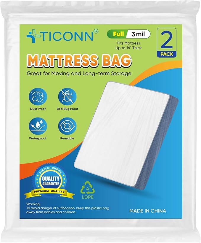 TICONN 2PK Plastic Mattress Bag for Moving Storage, Waterproof Mattress Protector Cover, Heavy-Duty Mattress Moving Supplies (3 mil, Full)