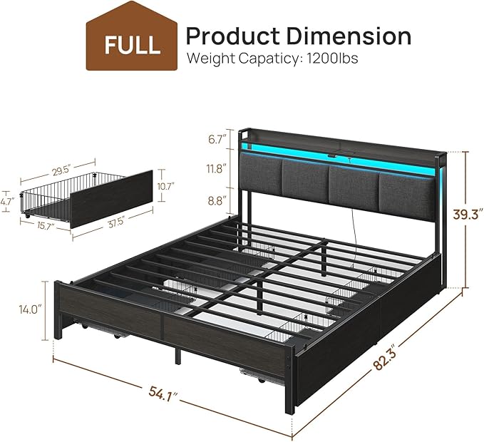 Rolanstar Bed Frame Full Size with Charging Station and LED Lights, Upholstered Storage Headboard with Drawers, Heavy Duty Metal Slats, No Box Spring Needed, Noise Free, Easy Assembly, Dark Grey