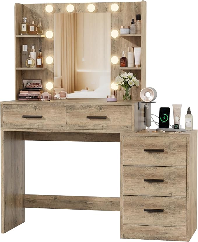Furmax Makeup Vanity Desk with Mirror and Power Outlet, Vanity with 3 Color Light Options Adjustable Brightness, Vanity Table with 5 Drawers, 6 Storage Shelves, Nightstands (Rustic Oak)