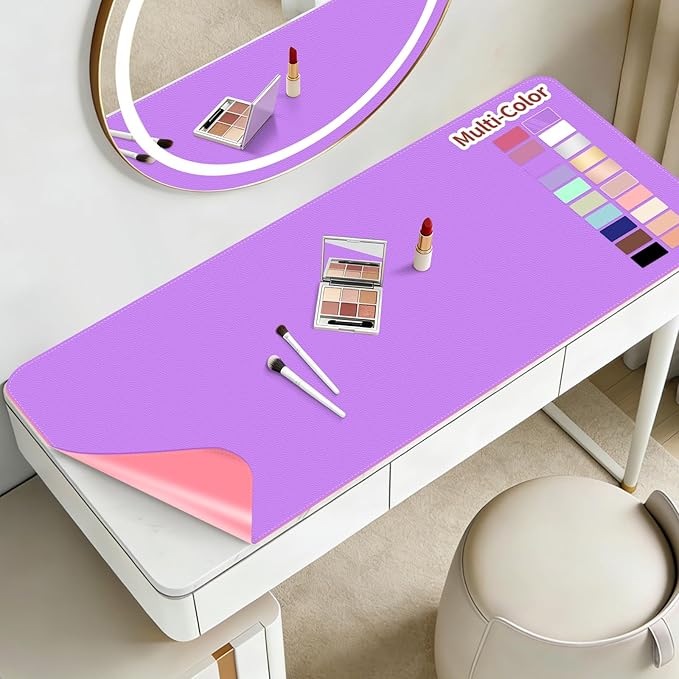 Makeup Mat for Vanity to Protect Desk Top 23.6 x 11.8 in, Dual-Sided Makeup Mat, Easy to Clean Desk Pad - Waterproof and Oilproof Vanity Accessories (Purple and Pink)