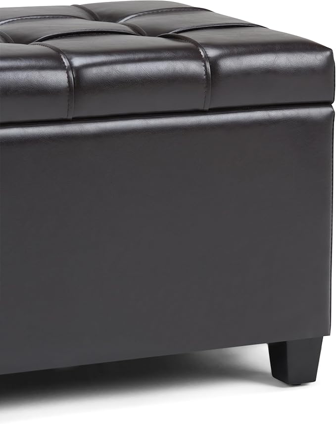 SIMPLIHOME Sienna Storage Ottoman Bench - 33 inch Wide Upholstered Vegan Leather Rectangle Storage Ottoman Bench in Chocolate Brown, Transitional Tufted Ottoman for Living Room with Lift Top