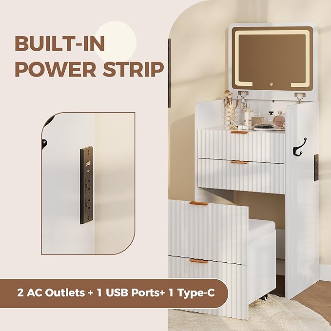 Garvee 3 in 1 Vanity Desk with 3 Drawers and Rolling Stool, Compact Vanity with Flip Top Mirror and Lights, Modern Small Makeup Vanity Table with Charging