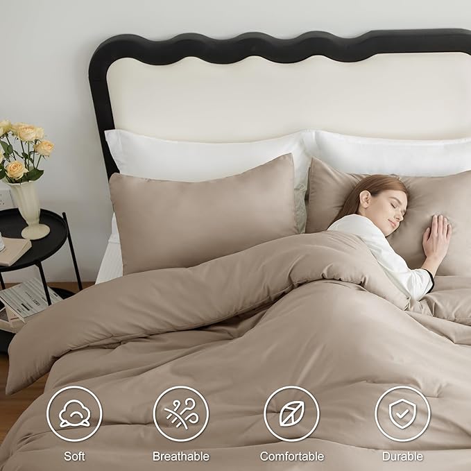 CozyLux King Size Comforter Set Khaki, 3 Pieces Solid Comforters King Size Breathable Quilted Bedding Sets, Luxury Soft Lightweight Bed Set with Down Alternative Comforter and 2 Pillowcases All Season