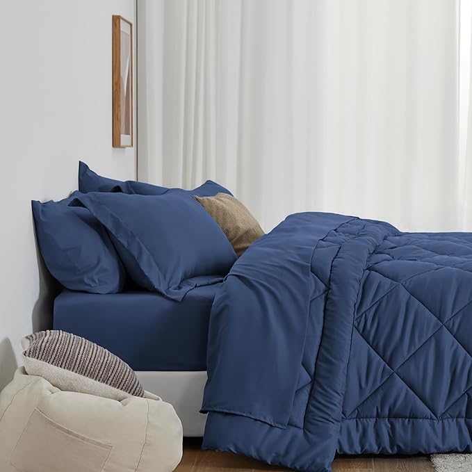 Love's cabin Full Comforter Set Dark Blue, 7 Pieces Full Bed in a Bag, All Season Bedding Sets with 1 Comforter, 1 Flat Sheet, 1 Fitted Sheet, 2 Pillowcase and 2 Pillow Sham | Soft, Breathable, Lightweight, Comfortable
