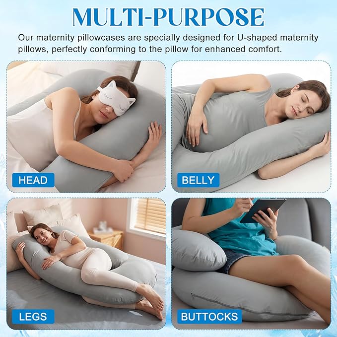 Hahafelt Cooling Pregnancy Pillow Cover (Only Pillowcase) 59 Inch Large J Shaped Full Body Pillowcase Maternity Stretchy Soft Breathable Cool Pillow Cover with Zipper for Side Sleeper (Gray)