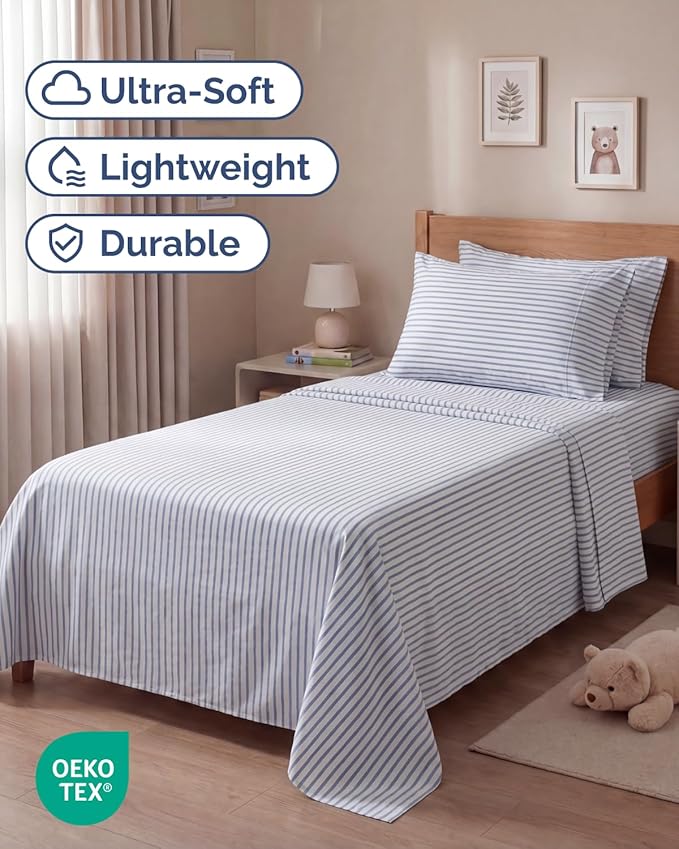 Twin 4 Piece Sheet Set - Comfy, Breathable & Cooling - Soft Hotel Luxury Bedding for Women, Men, Kids, Teens and Children - 1 Flat & 1 Fitted Sheet & 2 Pillowcases with Deep Pockets - Blue Stripes 2