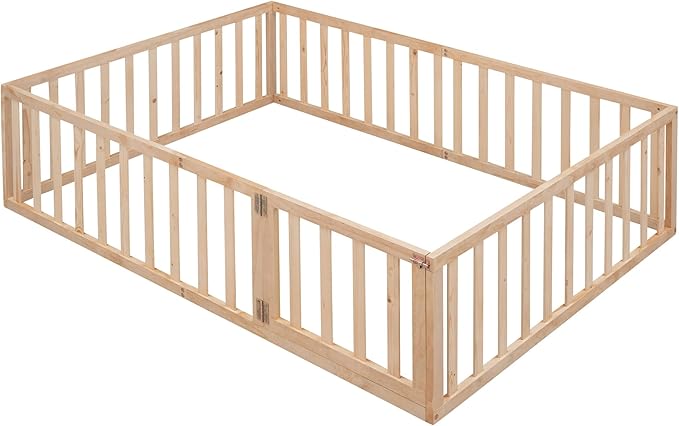 Bellemave Full Size Montessori Floor Bed with 21.7" High Rails, Pine,Plywood Floor Bed with Small Door, Natural