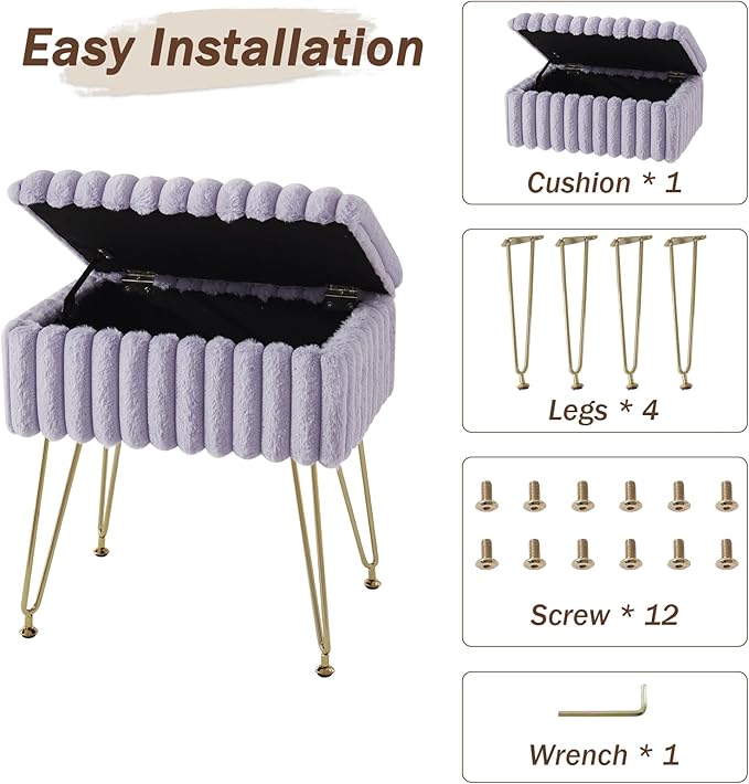 EBENCHICO Vanity Stool Chair with Storage, Faux Fur Stools for Vanity Makeup, Foot Stool Ottoman with 4 Metal Legs, Small Vanity Bench Seat Chairs for Living Room Bedroom