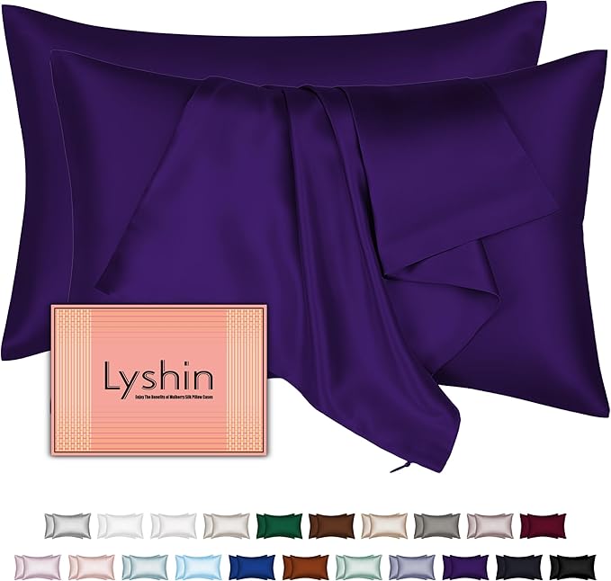 Silk Pillow Cases 2 Pack Standard Size with Hidden Zipper, Mulberry Silk Pillowcase for Hair and Skin, Smooth and Soft Breathable Cooling Silk Satin Pillowcase Set of 2, Gifts for Women，Purple
