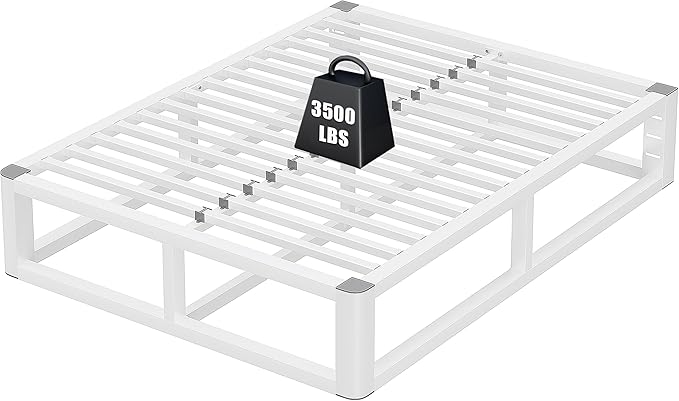 14 Inch King Size Bed Frame with Rounded Corner and Headboard Hole, Metal Platform Bed Frames 6 Non-Slip Guards, 3500lbs Heavy Duty Steel Slat Support, Squeak Free, No Box Spring Needed, White