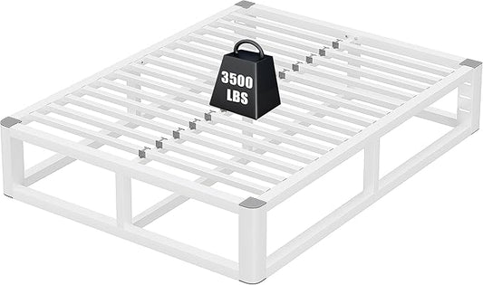 14 Inch King Size Bed Frame with Rounded Corner and Headboard Hole, Metal Platform Bed Frames 6 Non-Slip Guards, 3500lbs Heavy Duty Steel Slat Support, Squeak Free, No Box Spring Needed, White