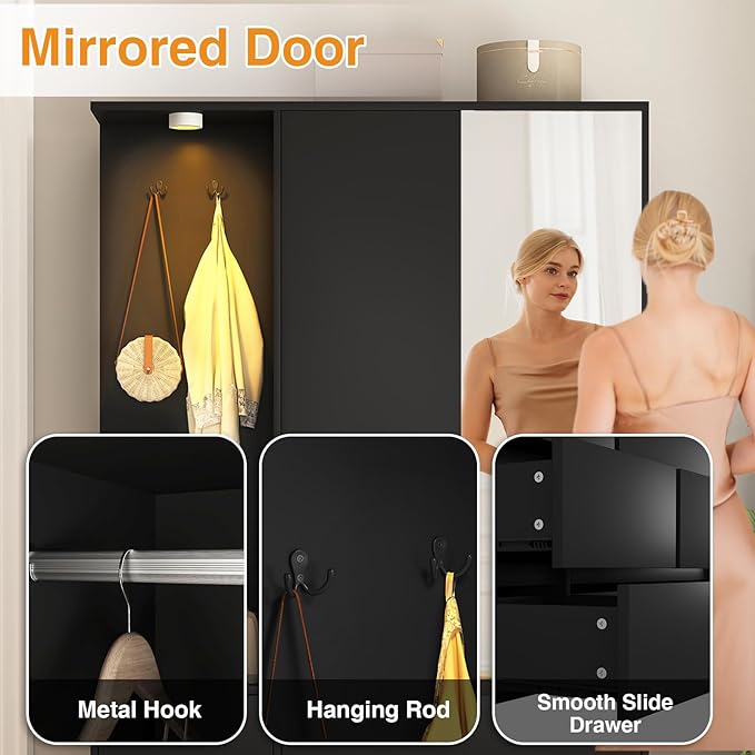 Armoire Wardrobe Closet with Mirror Door and LED Light, Bedroom Armoire with 6 Drawers, Modern Wooden Large Wardrobe Closet with Shelves, Wooden Armoire with Hanging Rod for Bedroom(Black)