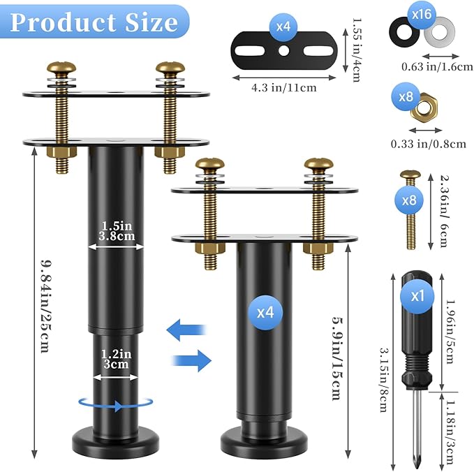 Set of 4 Adjustable Bed Legs Replacement, Adjustable Metal Bed Frame Support Legs 5.9-9.84 inch, Upgrade Under Bed Support Leg with Wider Base, Heavy Duty Center Support Legs