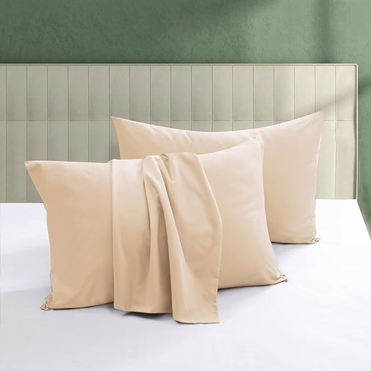 100% Egyptian Cotton Pillow Protectors Set of 4, 600 Thread Count King Size Bed Pillow Cases with Zipper, Sateen Weave Cooling Pillow Cases Quiet and Breathable Easy Care (4PCS, Beige)