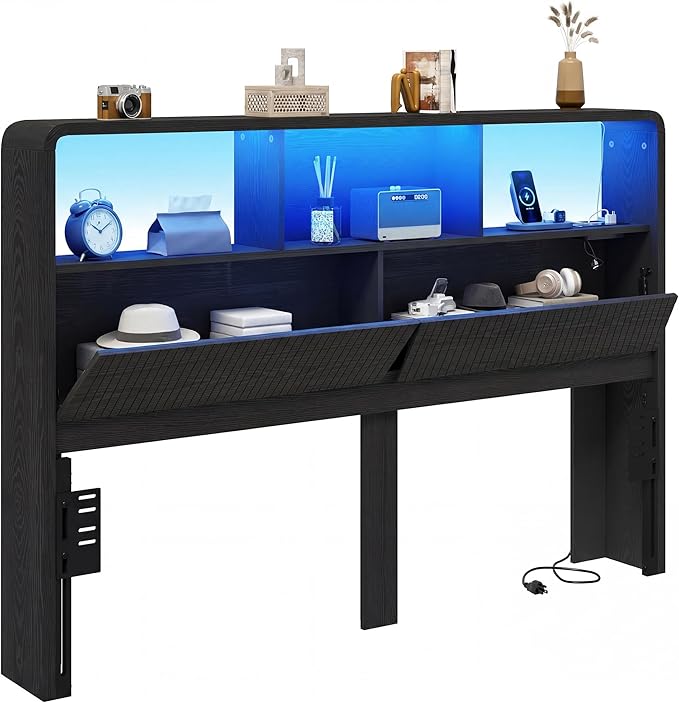Headboard Queen Size with Storage, 63" Wide Wooden Queen Headboard Only, Modern Farmhouse Head Board with Outlets & USB Ports, Wall Mounted Headboards with Color-Changing LED, Black