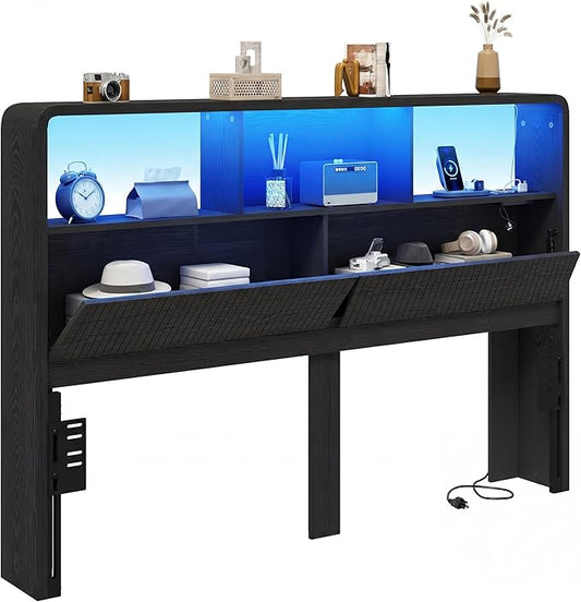 Headboard Queen Size with Storage, 63" Wide Wooden Queen Headboard Only, Modern Farmhouse Head Board with Outlets & USB Ports, Wall Mounted Headboards with Color-Changing LED, Black