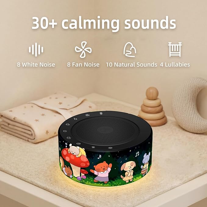 Kipcush White Noise Machine - Soft Non-Glare Nursery Lamp, 30 Soothing Sounds, 8 Color Lights, Max 8-Hour Timer for Baby & Adults (Forest Animals, Standard)