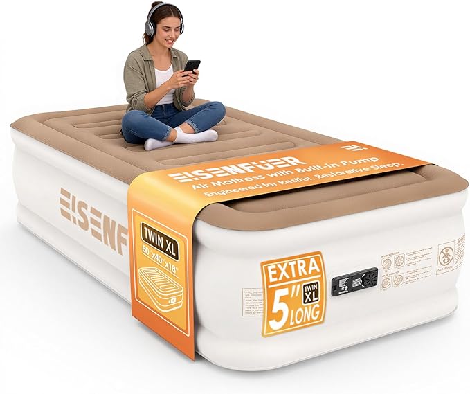 Air Mattress Twin XL (Extra Long) with Built-in Pump – 18" Raised Inflatable Mattress, Durable Blow Up Mattress with Bag, Fast Inflation, colchón inflable, Comfy Air Bed for Guests, Glamping, Moving