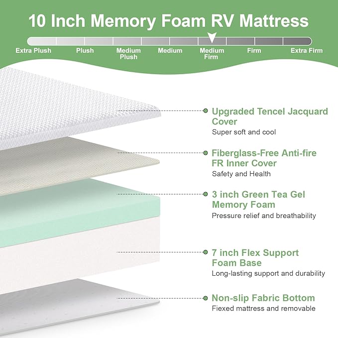WEUP RV Mattress King 10 Inch,Premier Cool Green Tea Gel Memory Foam Mattresses for Camper/Truck/Trailer, Medium Firm-Mattress for Back Pain,Removable Fiberglass Free Cover,CertiPUR-US, 80'' x 72''