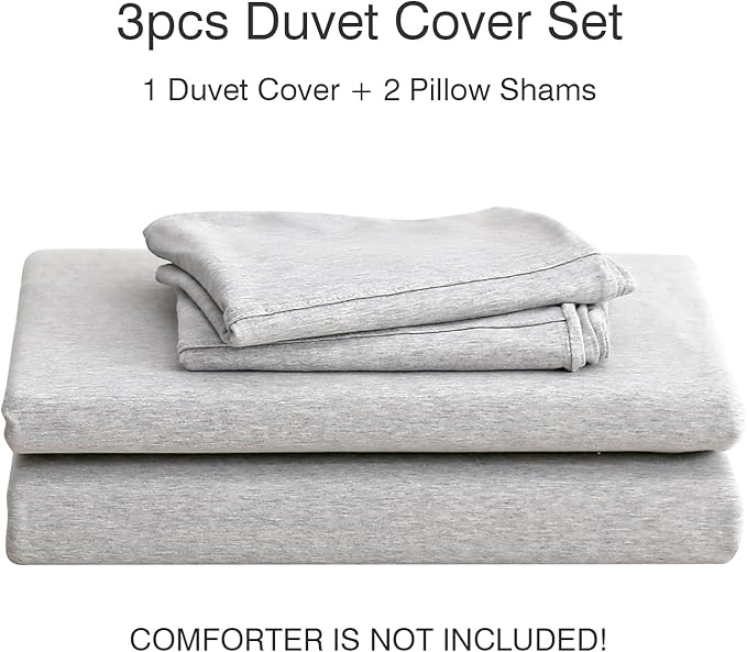 PURE ERA Jersey Knit Duvet Cover Set 100% T-Shirt Cotton Super Soft Comfy 3pc Bedding Set with Zipper Closure (Heather Grey, Full)