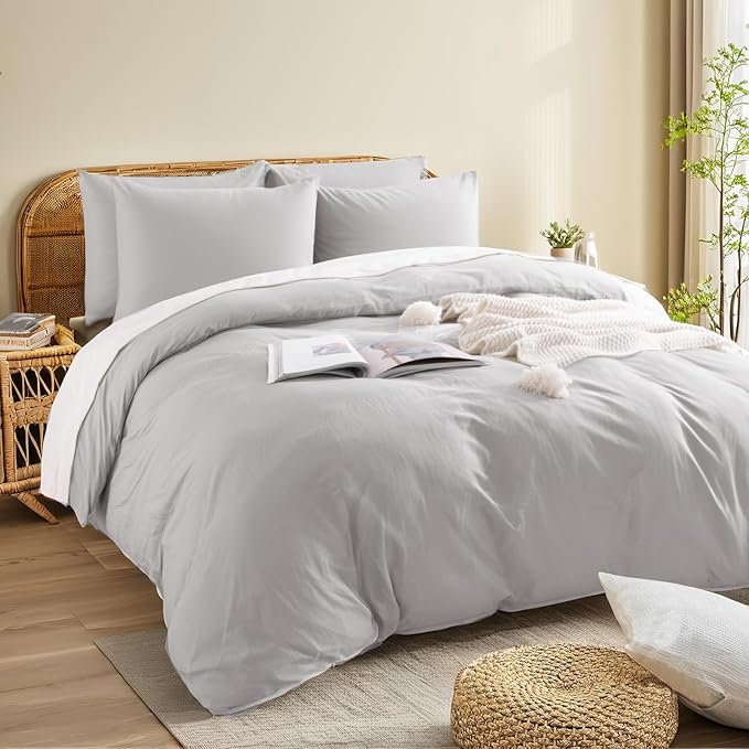 NEXHOME PRO Duvet Cover Set Kids Twin Size Linen Feel Textured Organic Natural 100% Washed Cotton Duvet Cover 2 Pieces Bedding Set with Zipper Closure, Breathable, Soft, Light Grey (No Comforter)