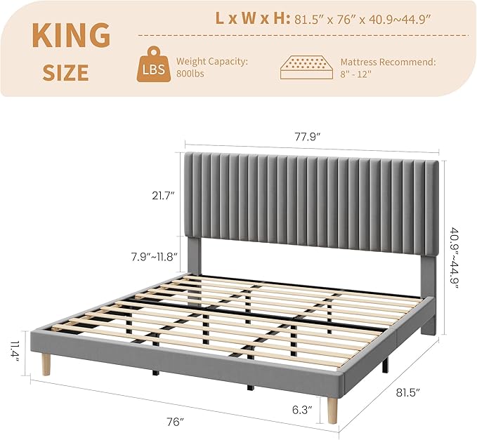 GAOMON King Bed Frame with Adjustable Headboard, Velvet Upholstered Platform King Size Bed Frame, Wooden Slats Support, No Box Spring Needed, Easy Assembly, Grey