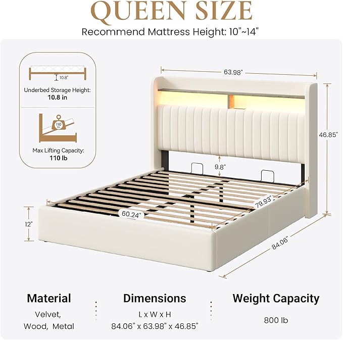 SHA CERLIN Queen Size Lift Up Storage Bed Frame/LED Lights/Charging Station/2-Tier Shelves Headboard/USB,Type-C Ports/Velvet Upholstered/Hydraulic Support/No Box Spring Needed/Noise Free/Cream