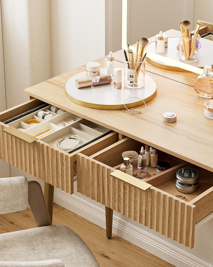 Vanity Desk with Large Mirror and Lights, Small Makeup Vanity Table with 2 Drawers, Dressing Table with 3 Adjustable Lighting Color, Small Makeup Desk for Bedroom, Natural with Gold Leg